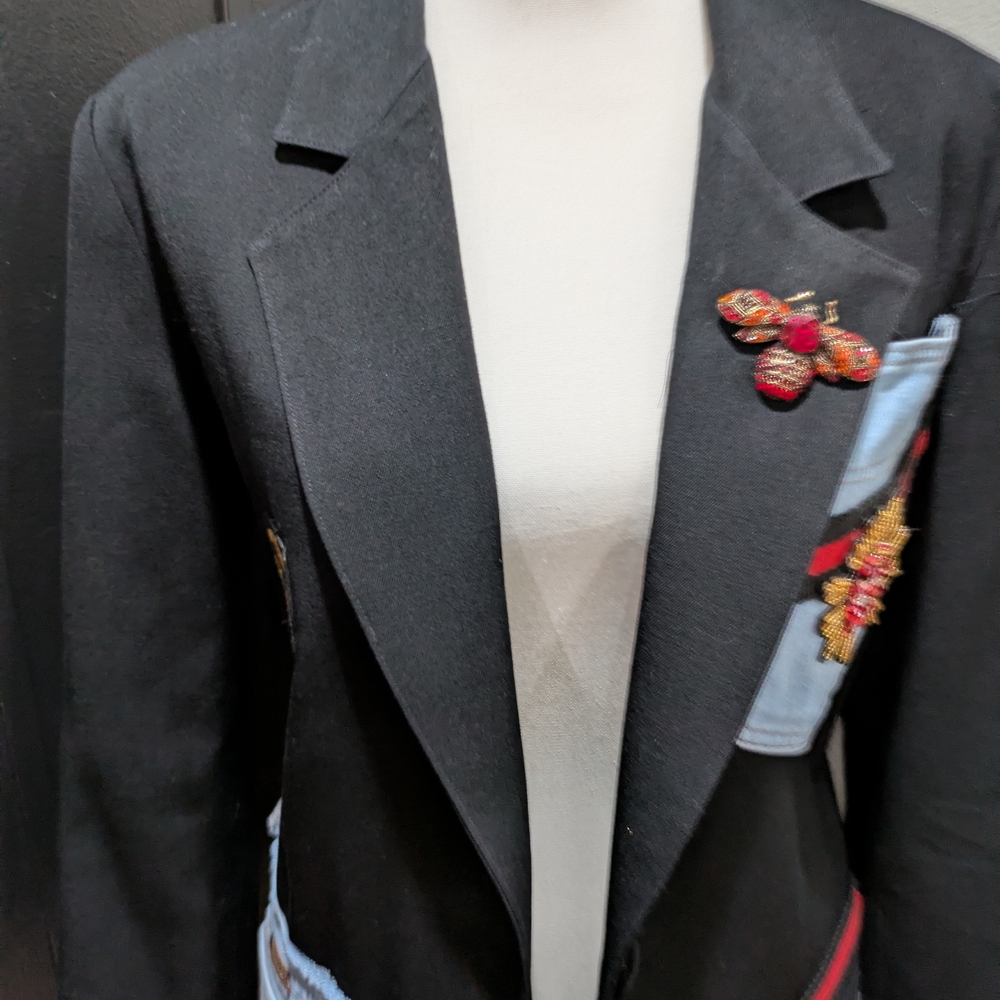 Black and Denim Blue Patchwork Women's Blazer With Heart Patch Design - Picture 5 of 6
